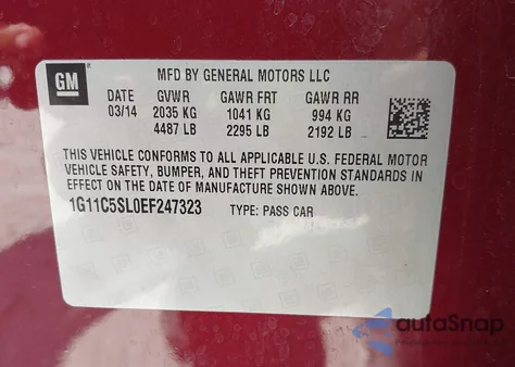 2014 Chevrolet Malibu 1Lt из США, поврежденный, VIN 1G11C5SL0EF247323